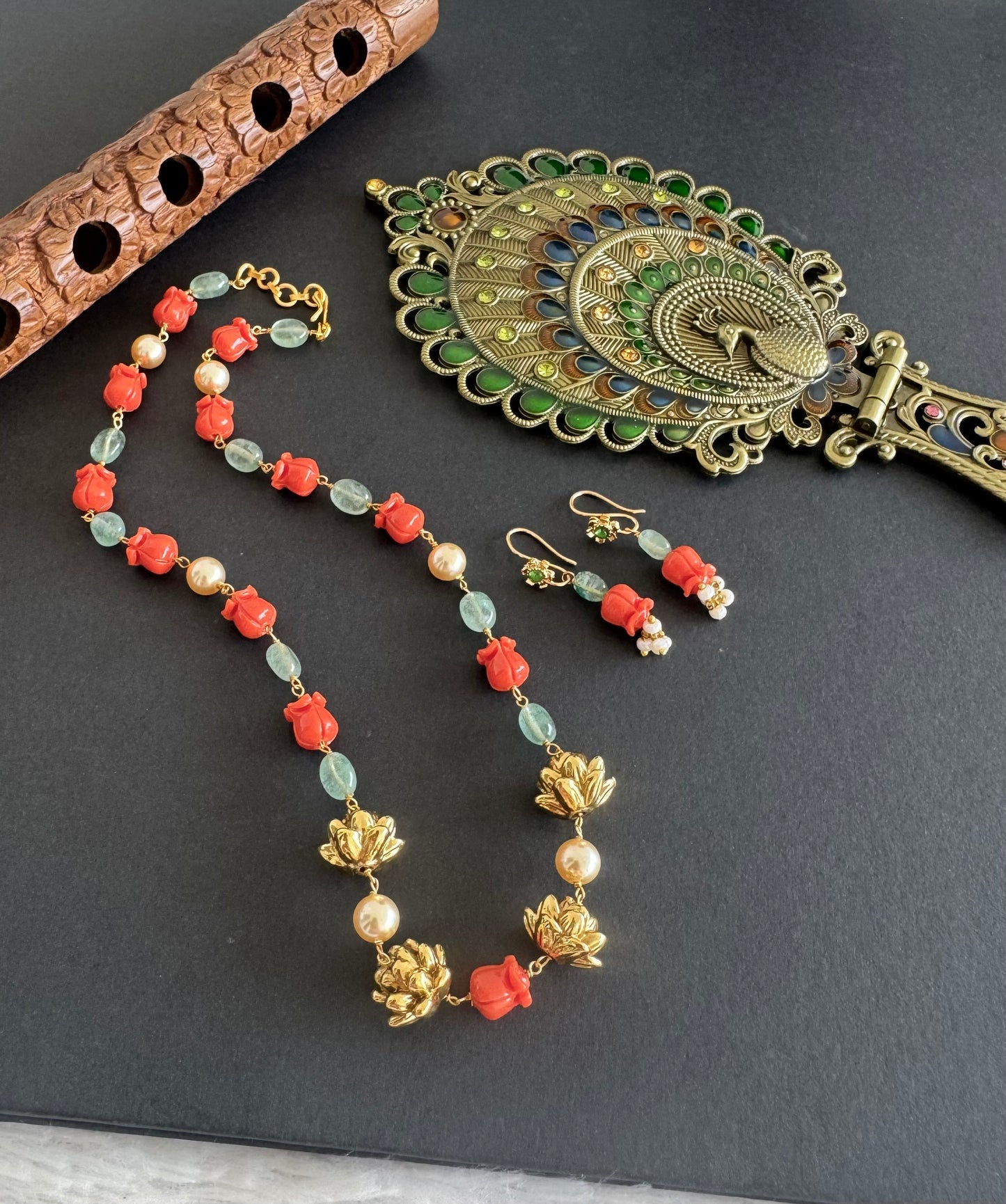 Matte finish coral-green-pearl lotus beaded necklace set dj-52084