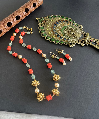 Matte finish coral-green-pearl lotus beaded necklace set dj-52084