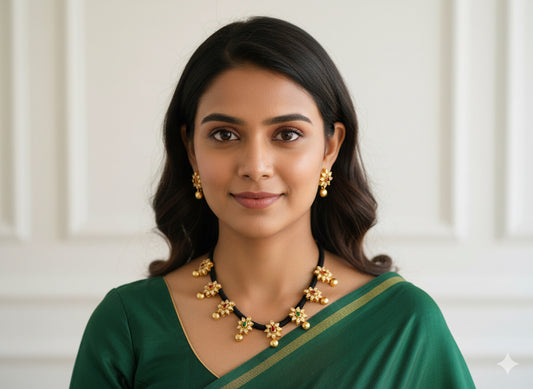 Matte finish cz ruby-green-white black thread flower necklace set dj-44040