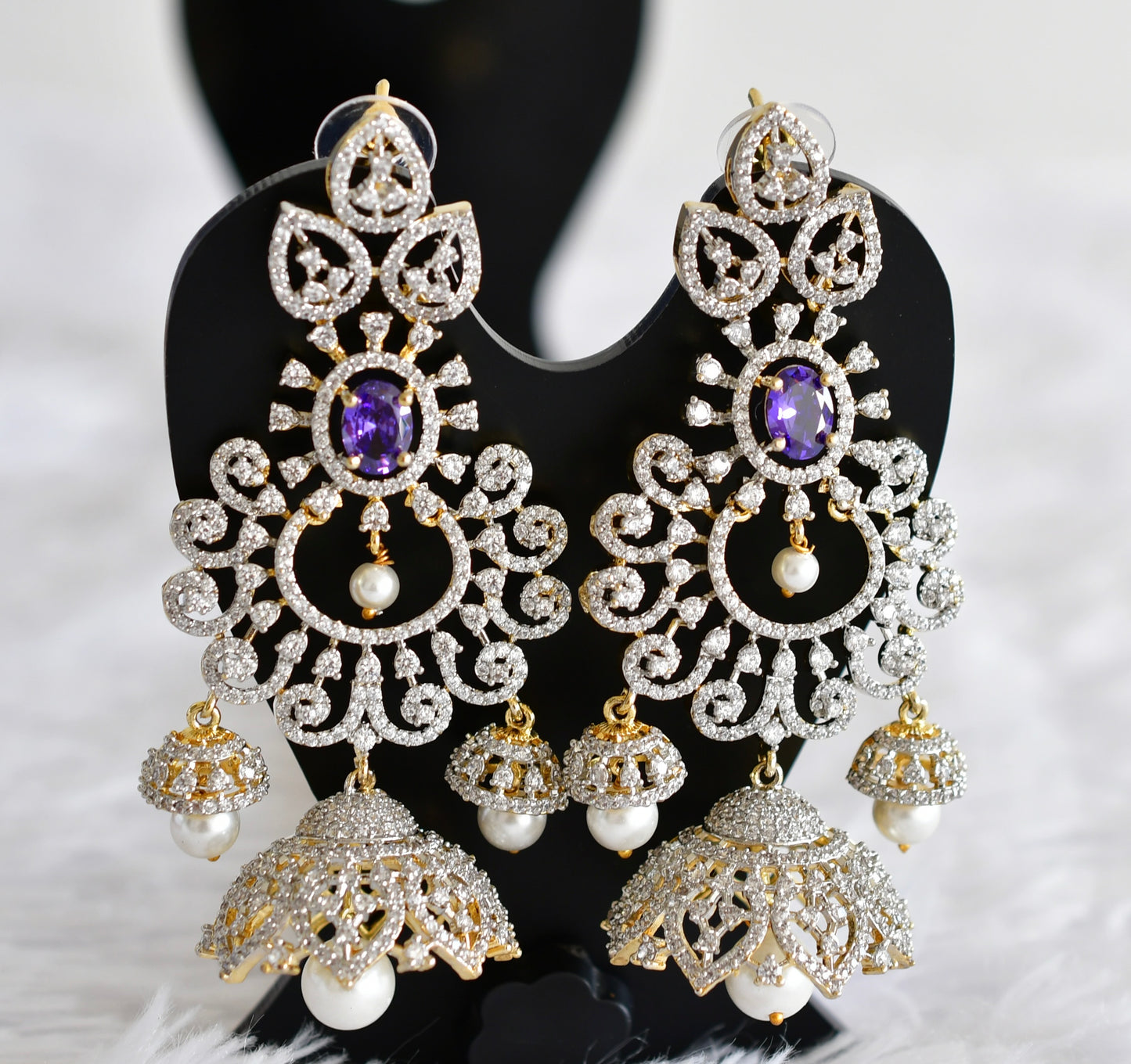 Two tone cz purple pearl long bali jhumkka dj-51884