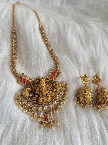 Antique gold tone pink-white stone lakshmi peacock necklace set dj-51113