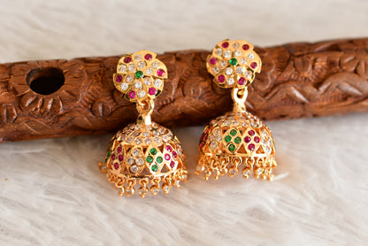Gold tone south indian style AD pink-green-white jhumkka dj-50497