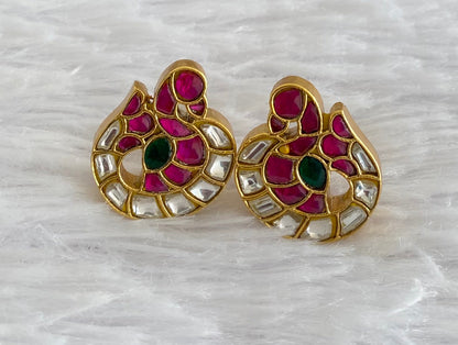 Gold tone pink-green-white stone swan kundan jadau earrings dj-53584
