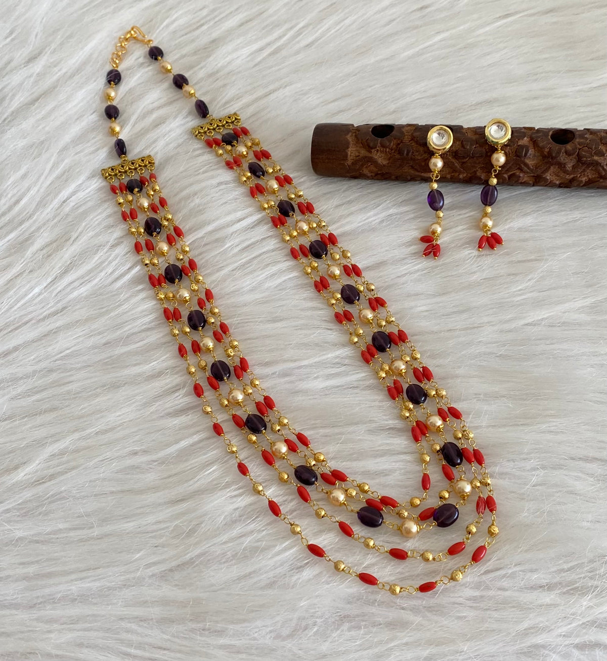 Antique gold tone multilayer coral-purple beaded necklace set dj-54984