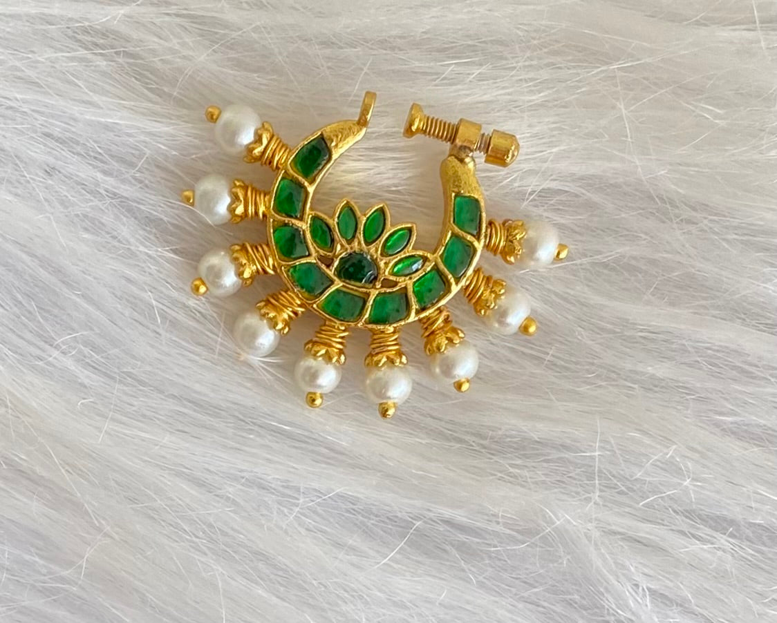 Gold tone kundan jadau green stone pearl nose pin dj-53714