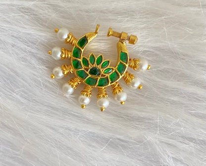 Gold tone kundan jadau green stone pearl nose pin dj-53714