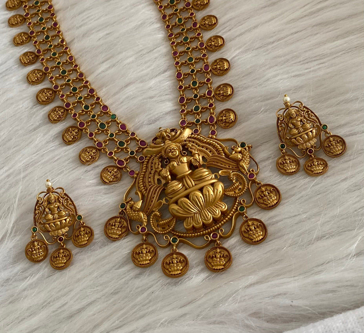 Matte finish kemp-green lakshmi coin haar set dj-55002