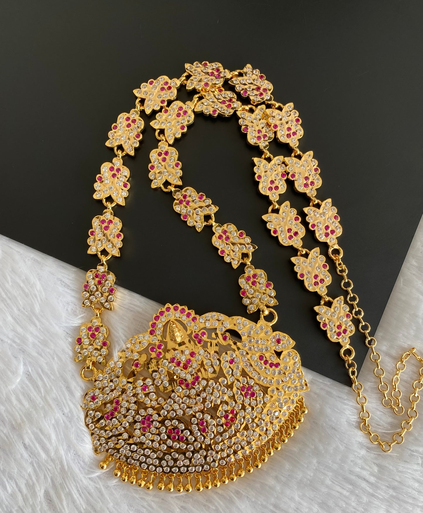 Gold tone south indian style grand AD pink-white peacock mango lakshmi haar dj-53258