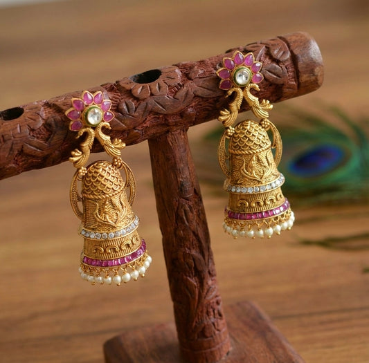 Antique gold tone peacock ruby-white earrings dj-07786