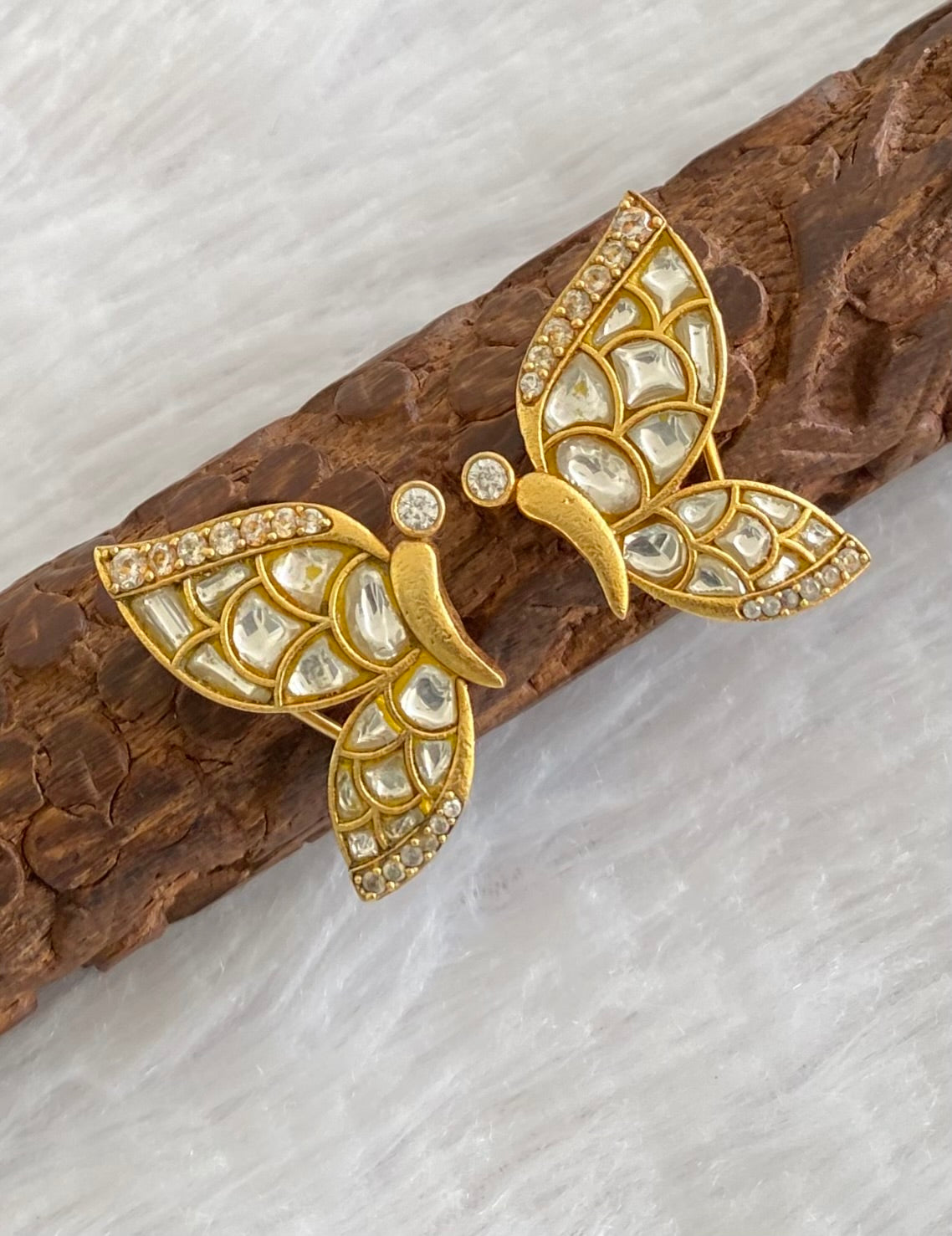 Gold tone white kundan jadau butterfly earrings dj-53532