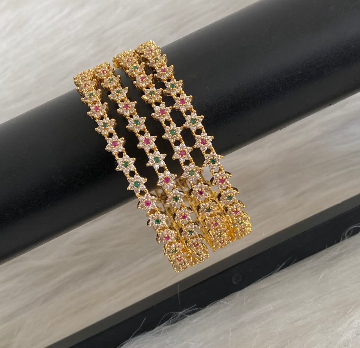Gold tone cz-ruby-green set of 4 nakshatra bangles(2.10) dj-55151