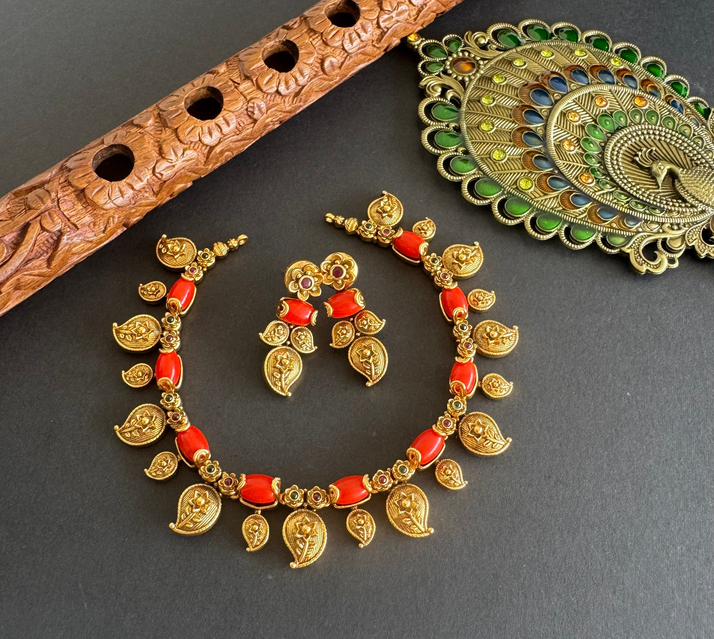 Matte finish coral beaded mango necklace set dj-52080