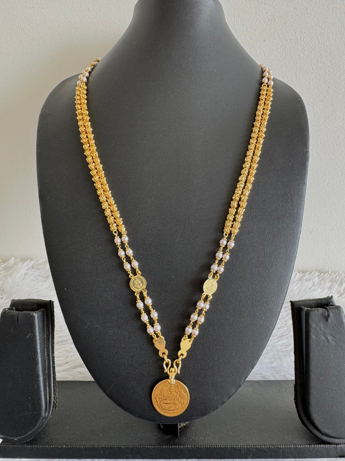Gold tone 24 inches double layer pearl lakshmi coin chain dj-45528