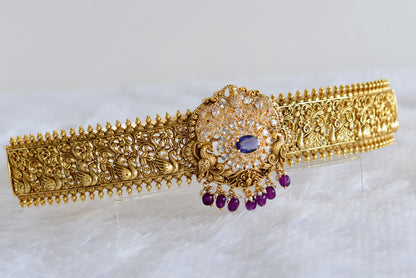 Antique gold tone purple-white stone peacock waist band dj-52195