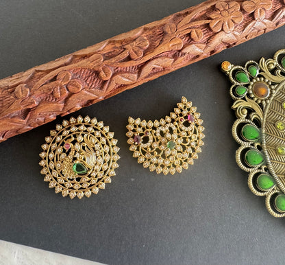 Antique gold tone kemp-green-white peacock sun moon hair jewel dj-52018