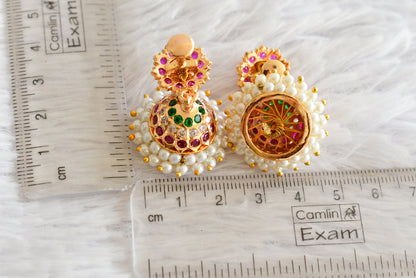 Gold tone South Indian style pink-green-white pearl jhumkka dj-51887