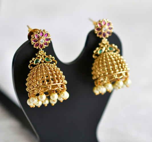 Antique gold tone kemp-green-white flower pearl jhumkka dj-51857