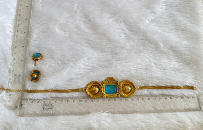 Antique gold tone cz big stone white-light blue choker necklace set dj-51088