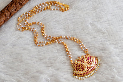 Gold tone 24 inches double layer pearl chain with ad pink-pearl swan pendant dj-51909