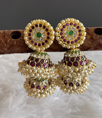 Gold tone precious kemp-green-white stone pearl big step jhumkka dj-51394