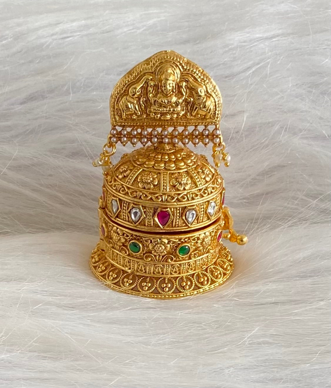 Gold tone pink -green-white  lakshmi kumkum box dj-54223
