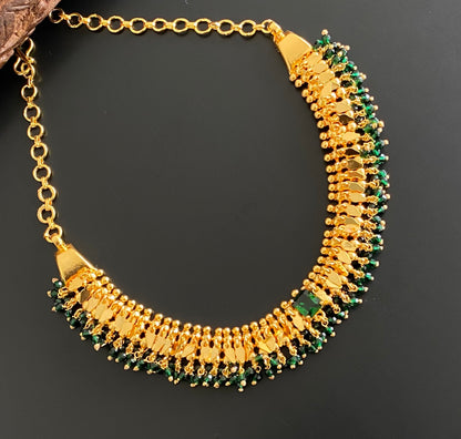 Gold tone Kerala style elakka green beaded choker necklace dj-54299