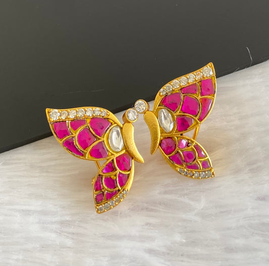Gold tone pink-white kundan jadau butterfly earrings dj-53528