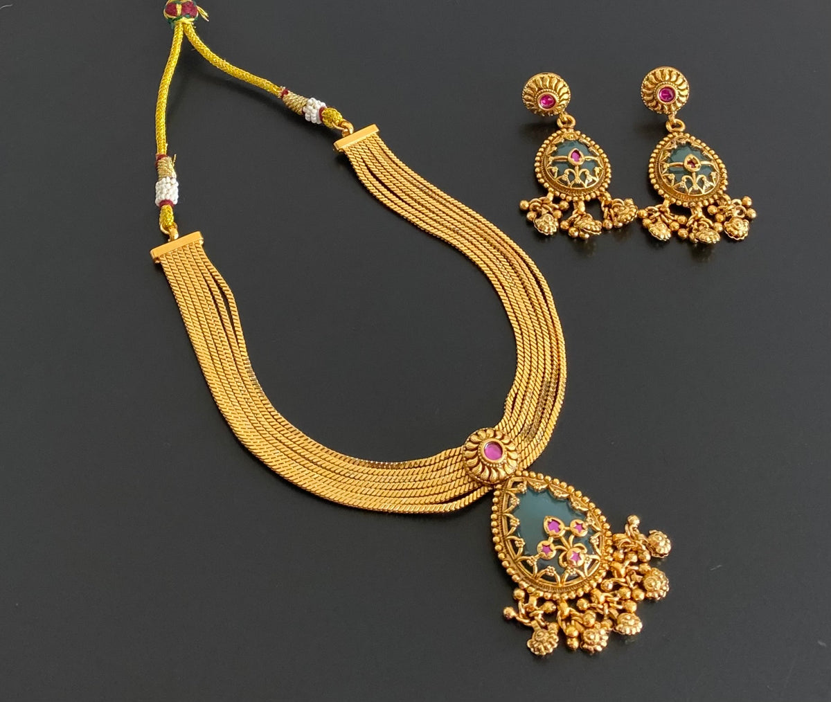 Antique gold tone green stone necklace set dj-54766