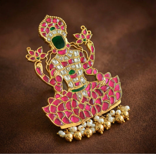 Gold tone pink-green-white kundan jadau Mahalakshmi pendant dj-43915