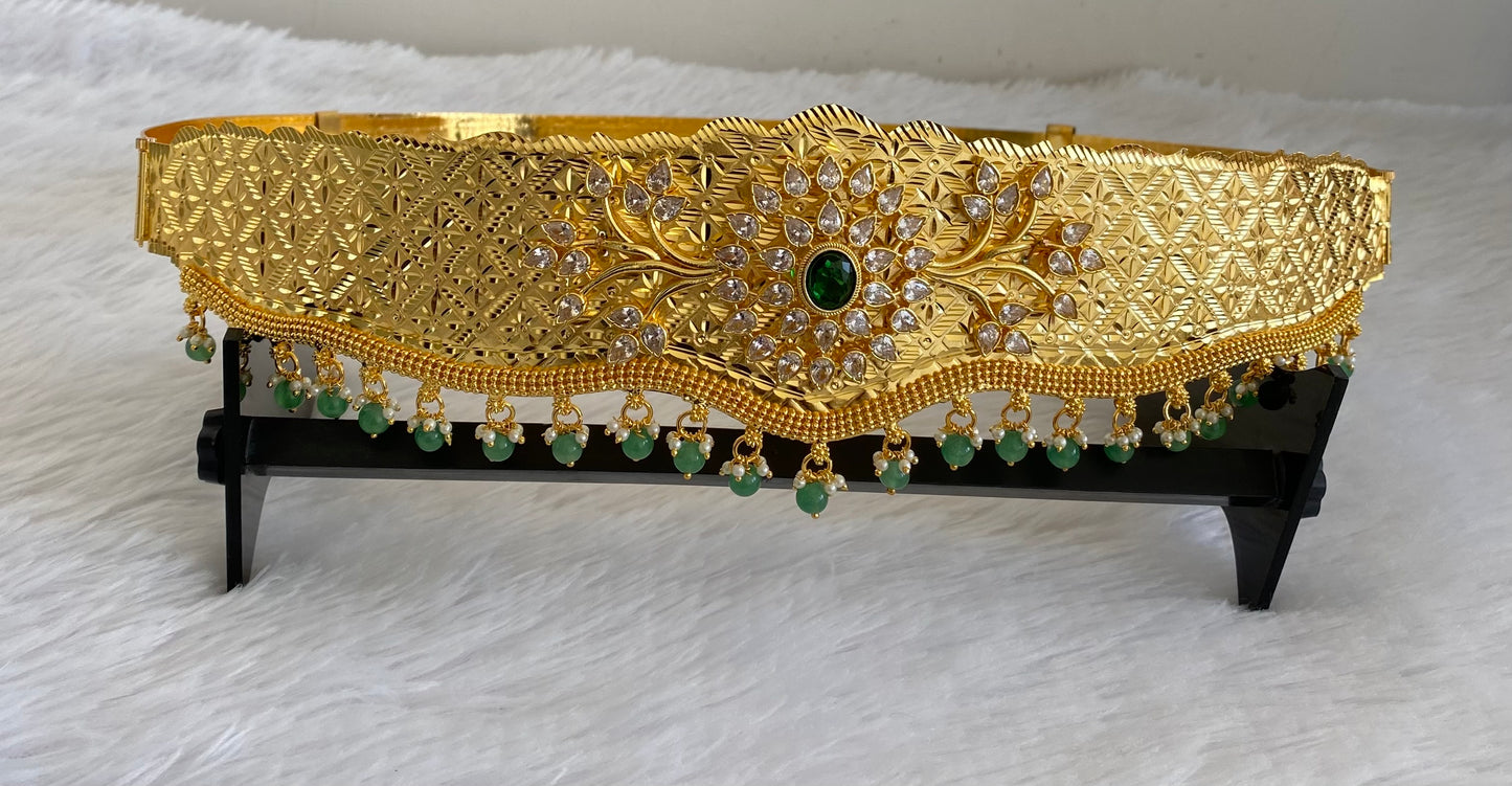 Gold tone white green stone flower design adjustable waist belt dj-53465