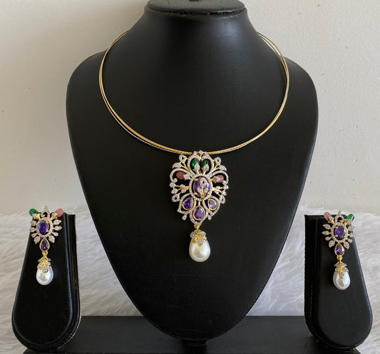 Two tone cz purple stone pendant set with kanti necklace dj-53997
