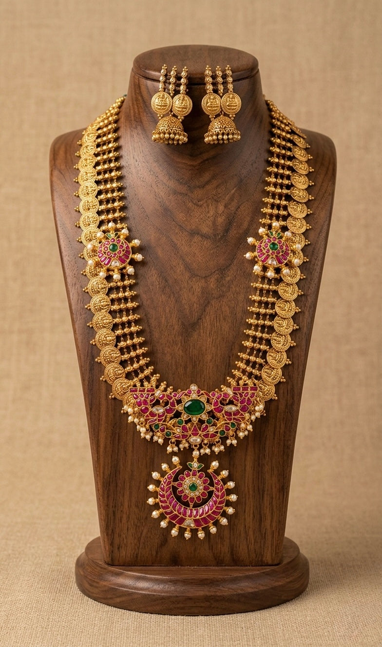 Matte finish kundan jadau Lakshmi coin haar set dj-38176