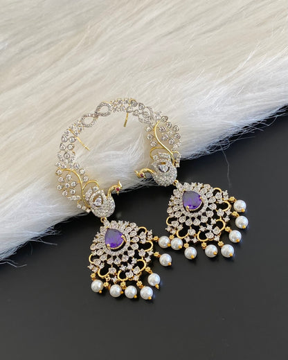 Two tone white-purple stone pearl peacock khanpool earrings dj-54656