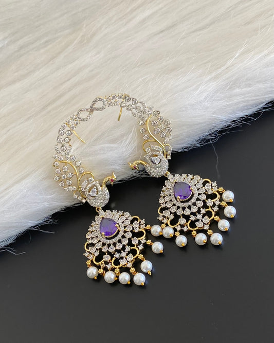 Two tone white-purple stone pearl peacock khanpool earrings dj-54656