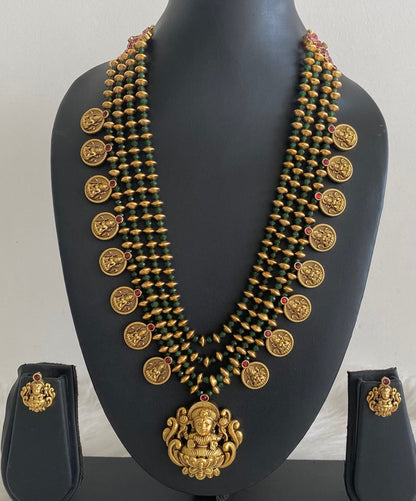 Antique gold tone green beaded layers lakshmi short haar set dj-54968