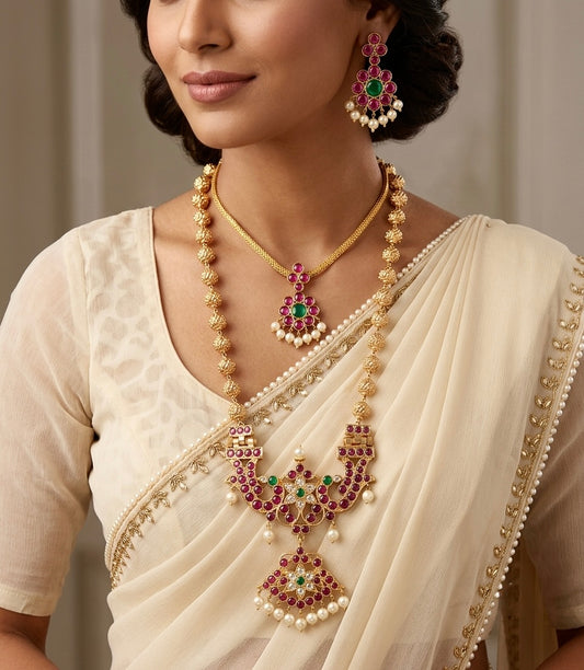 Gold tone precious kemp-green-white pearl peacock nakshi beaded combo set dj-54943
