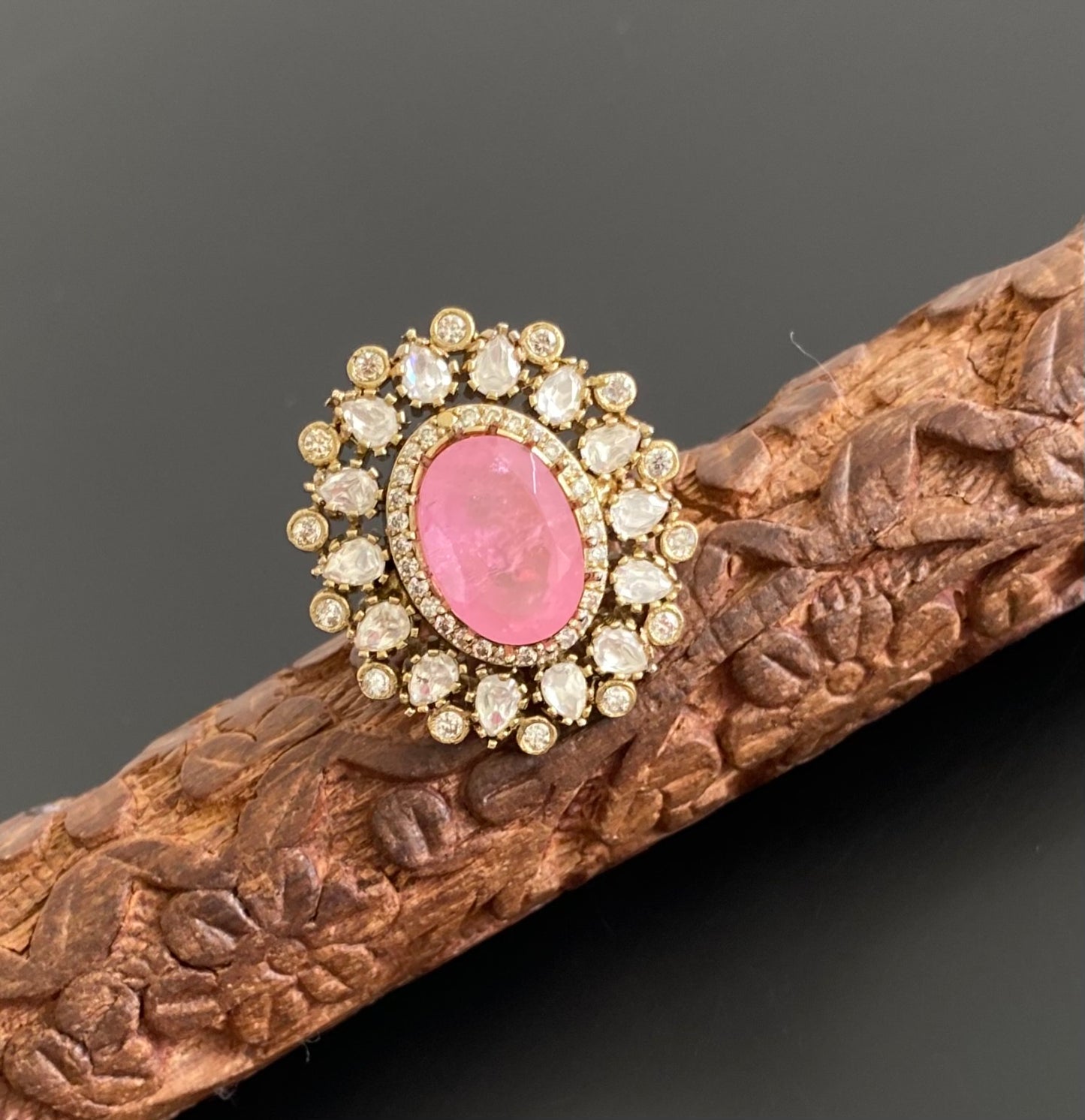 Two tone cz white-baby pink stone finger ring dj-53685