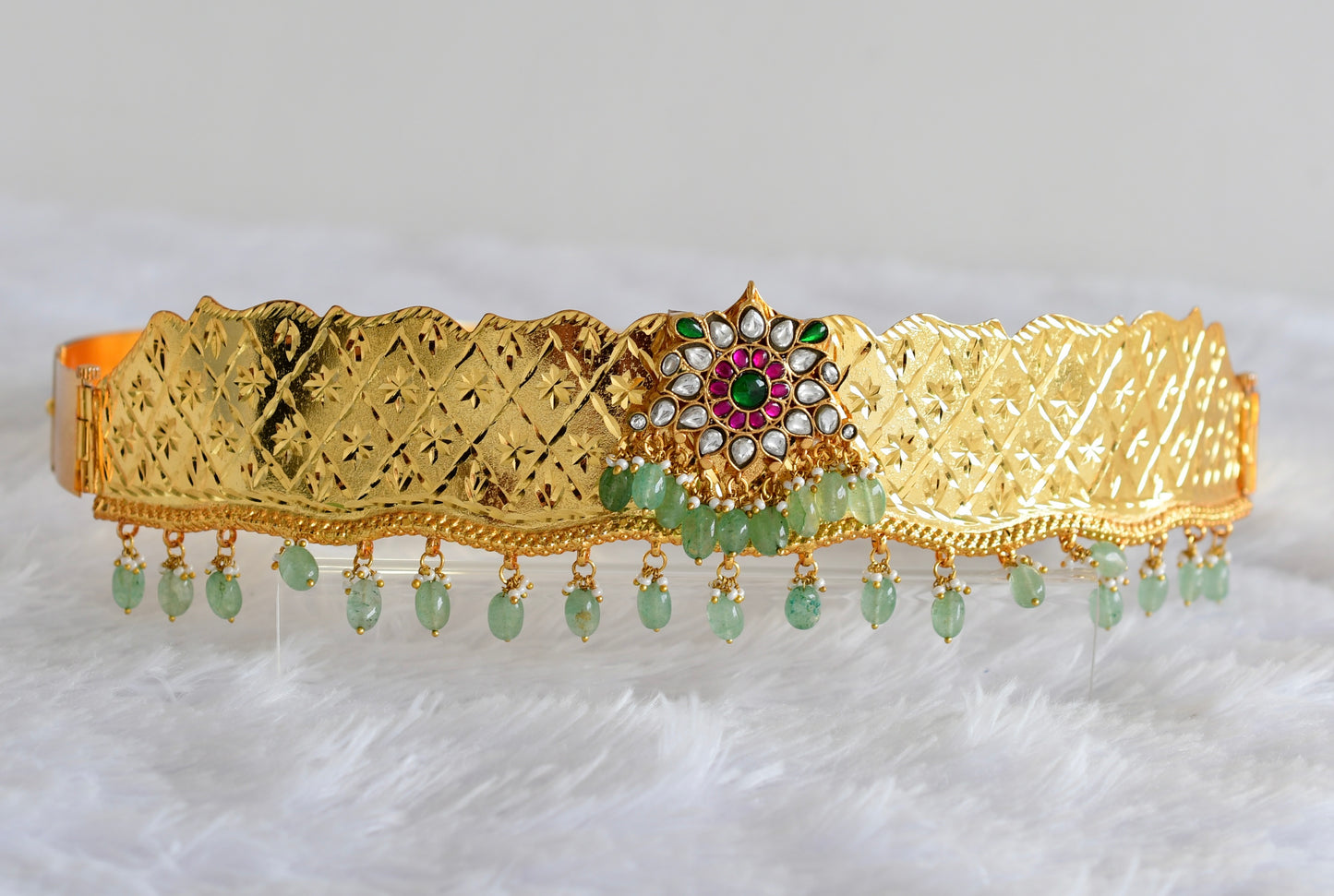 Gold tone pink-green-white kundan jadau flower waist band dj-52184