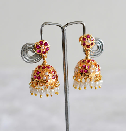 Gold tone ad pink pearl jhumkka dj-51889