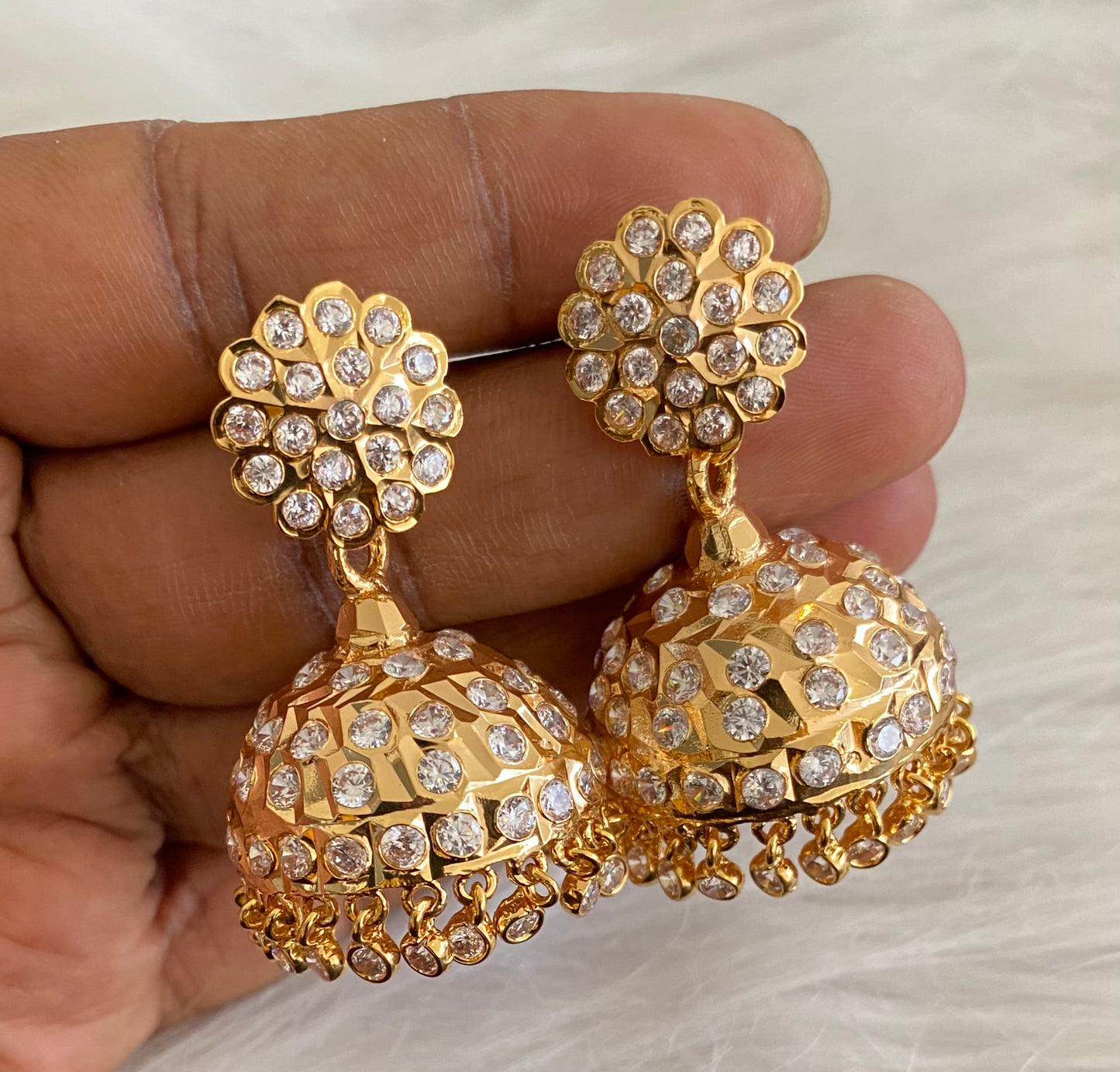 Gold tone south indian style AD white jhumkka dj-53865