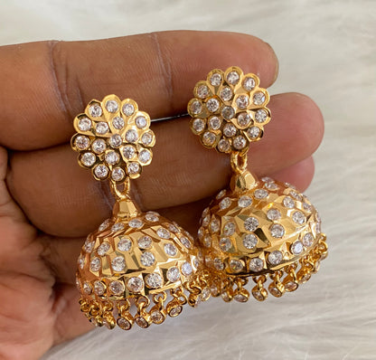 Gold tone south indian style AD white jhumkka dj-53865