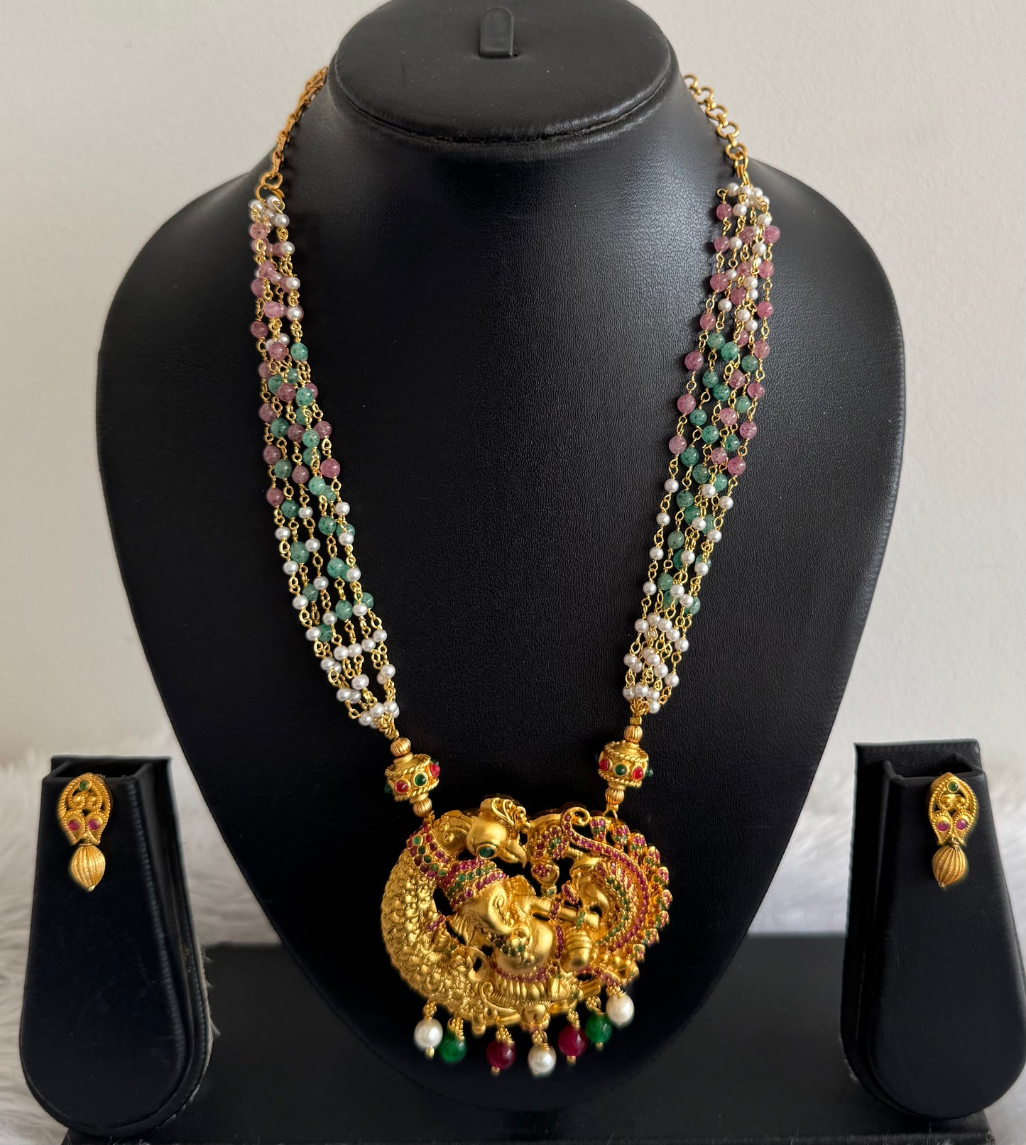 Bright Matte finish ruby-emerald Ganesha-peacock pendant pearl necklace set dj-51431