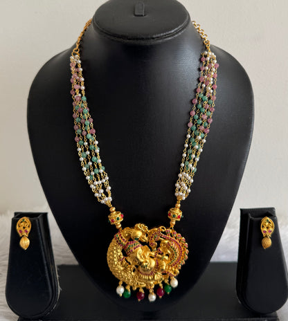 Bright Matte finish ruby-emerald Ganesha-peacock pendant pearl necklace set dj-51431