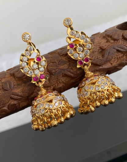 Gold tone AD pink-white south Indian peacock jhumkka dj-53593