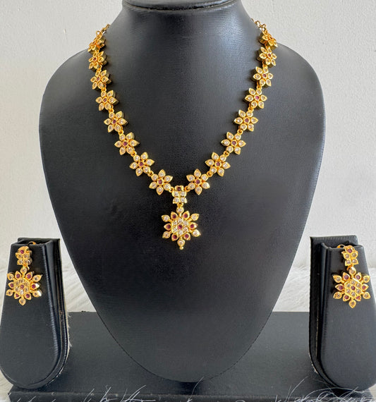 Gold tone ad ruby-white stone flower necklace set dj-51196