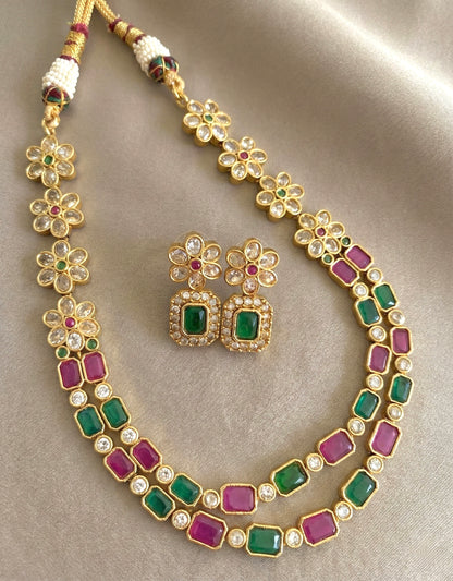 Matte Finish Ruby-green Double Layer Flower Necklace Set DJ31932