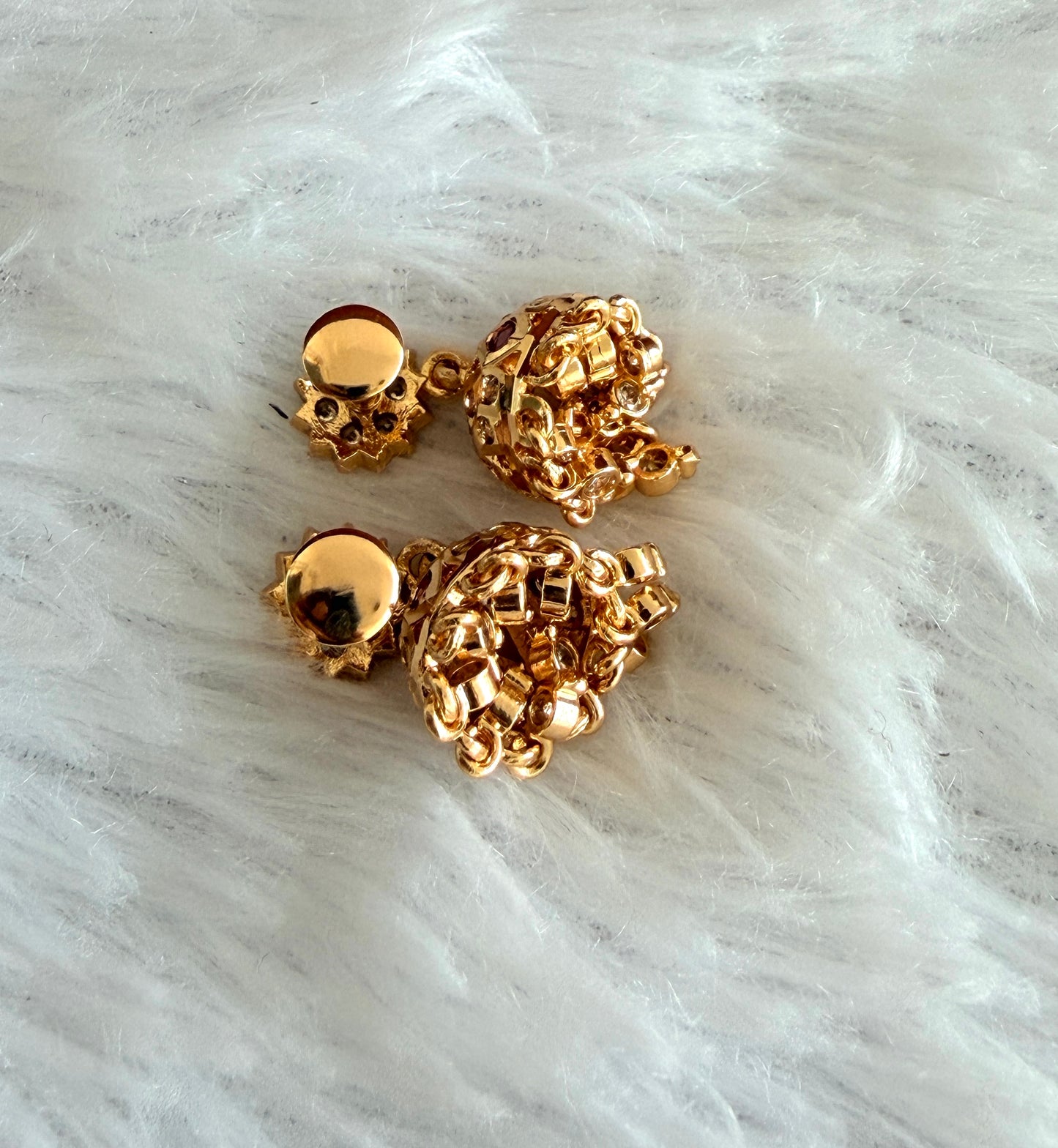 Gold tone AD pink-white south Indian flower jhumkka dj-53267