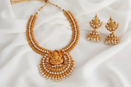 Antique gold tone Pearl Bali Lakshmi Necklace Set-dj17552
