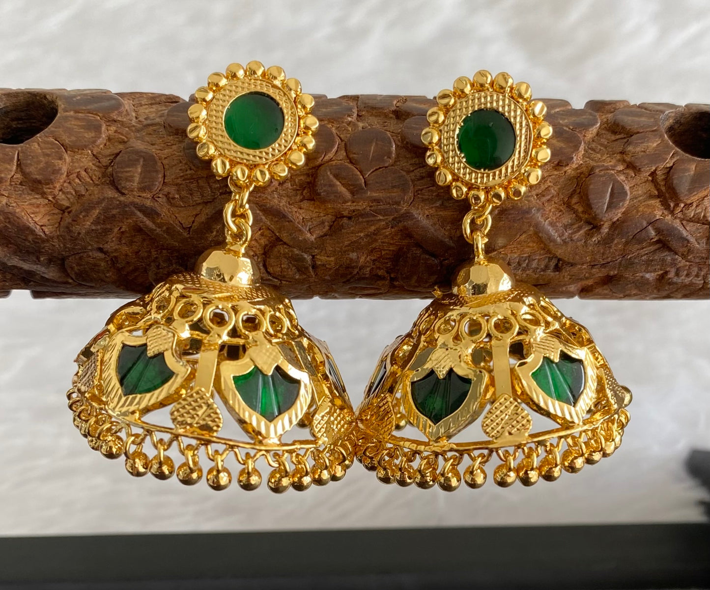 Gold tone kerala style green 6 petals of palakka jhumkka dj-53134