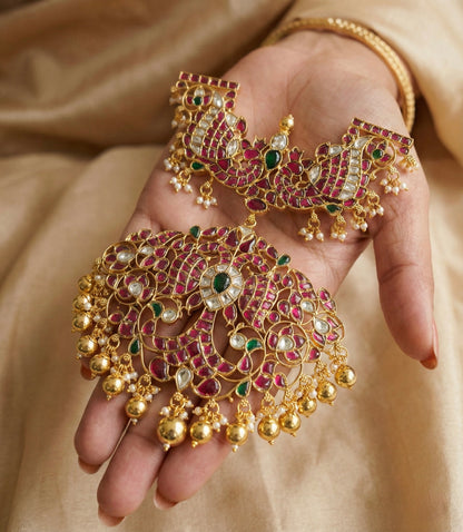 Gold tone pink-green-white kundan jadau ganda berunda pendant dj-50659